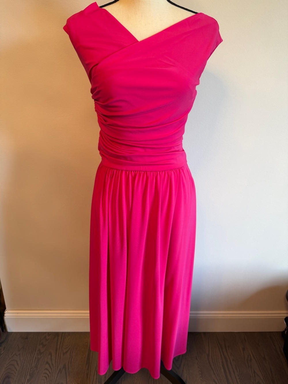 MaxMara Fuchsia Off-the-Shoulder Ruched Midi Dress
